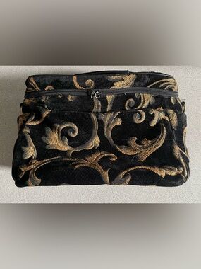 Vintage Tapestry Black and Gold Scroll Train Make Up Case
